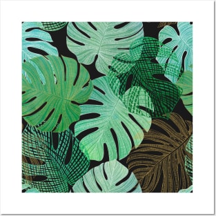 Exotic Monstera leaves watercolor textural print. Tropical foliage summer jungle print Posters and Art